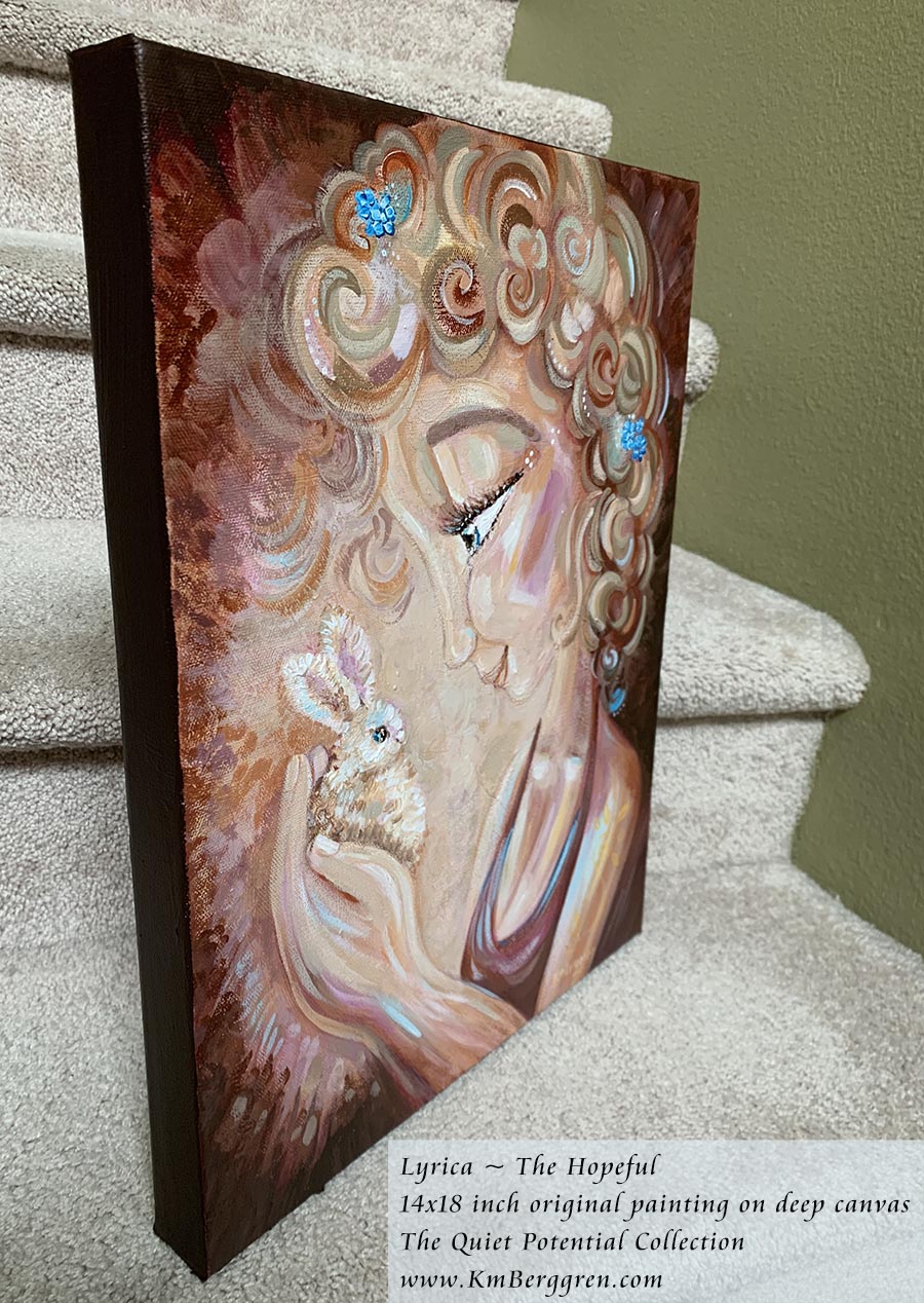 Artist Depiction of a woman with blonde curly hair holding a baby bunny, by KmBerggren