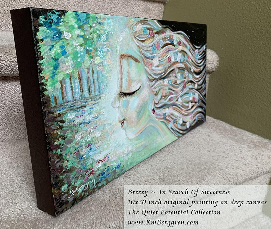 Artistic depiction of a woman with flowing hair and colorful flowers, with text overlay. original artwork by kmberggren, woman's profile painting, woman in forest, meditation artwork, soothing calm painting of women
