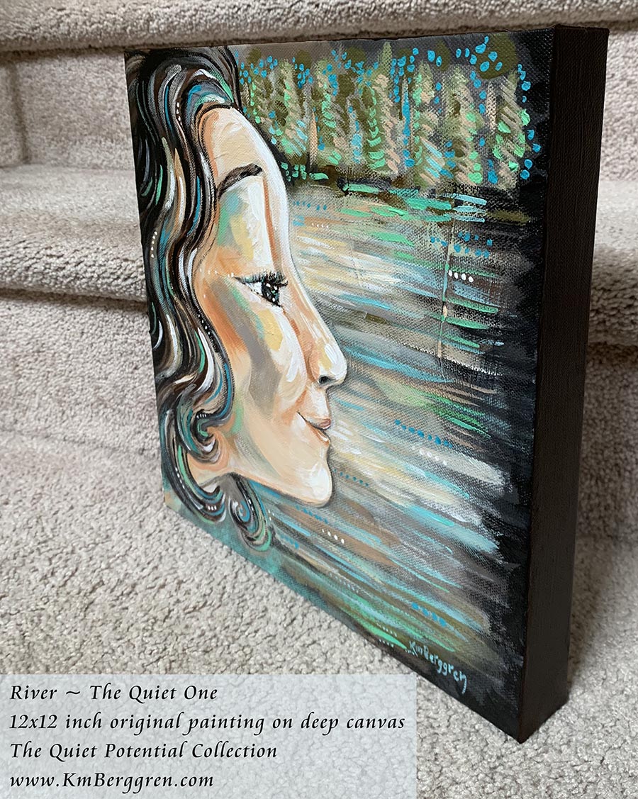Artistic depiction of a woman's profile with wavy black hair, green and blue background, peaceful woman in nature with sweet smile, original painting by kmberggren