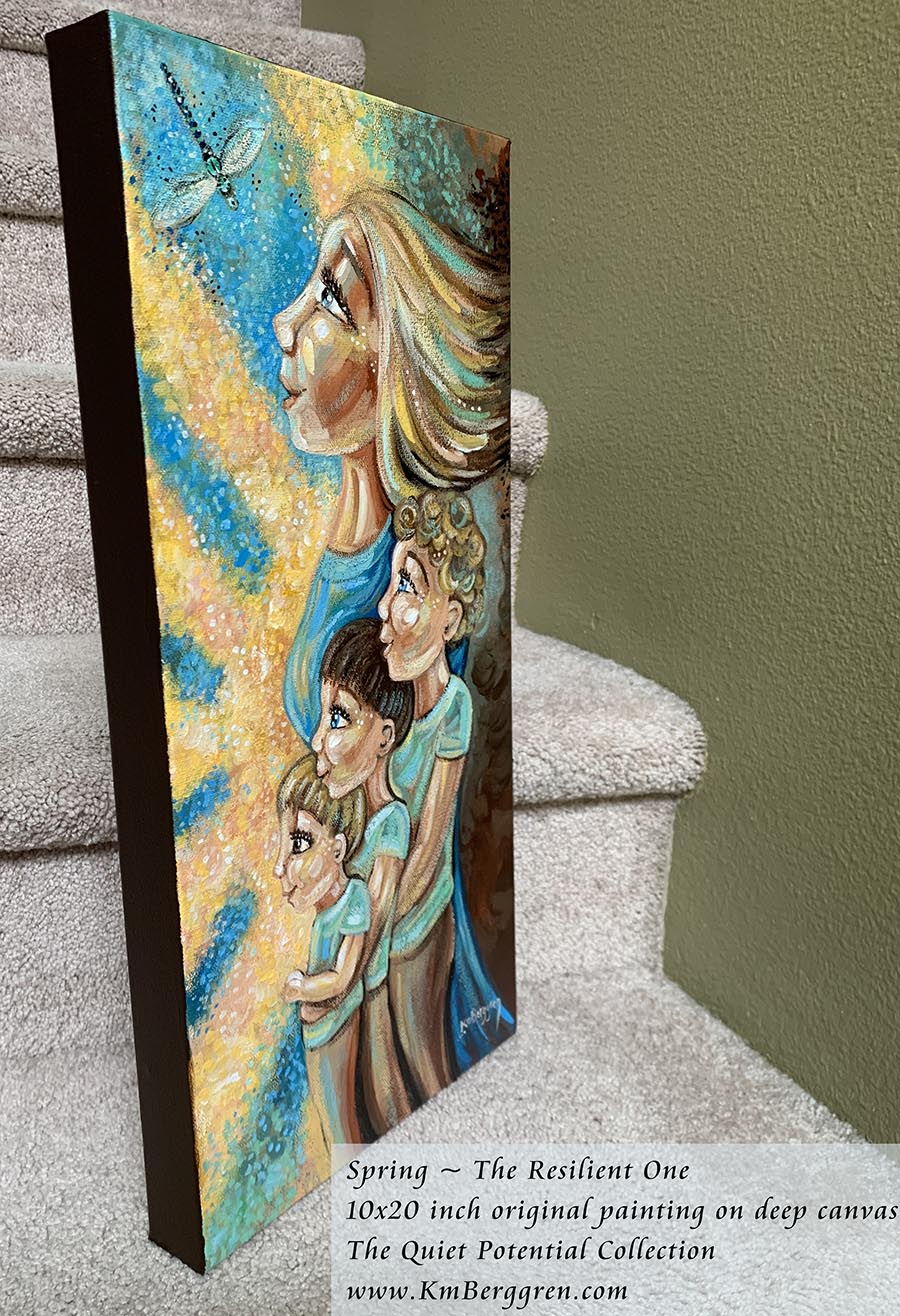 Original Heartfelt & Hopeful Artwork of a Woman Standing with 3 Sons, Facing the Sun and A Positive Future. Motivational Art for Single Mom, KmBerggren