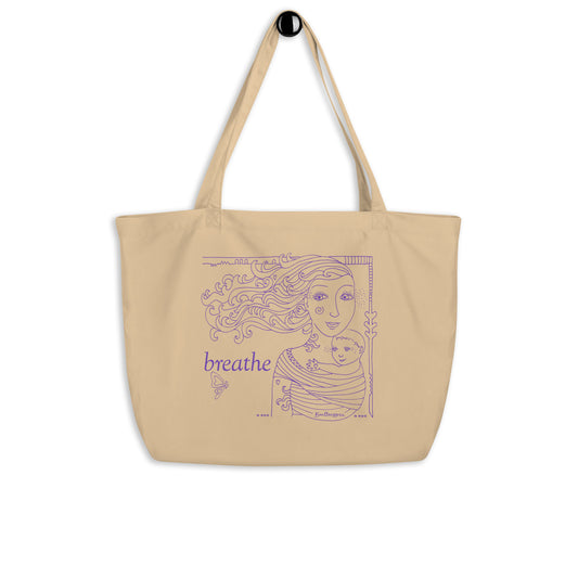organic cotton tote in oyster color with purple mother and child line artwork by kmberggren, kimberggren, km berggren artwork on a reusable bag, art grocery bag tote