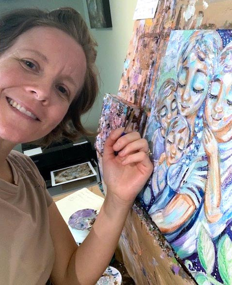 blonde short hair mom with three kids, two sons, three sons, one daughter, big brother artwork, purple and blue flowers wall decor, mothers day gifts, gifts for mom of three 3 kids