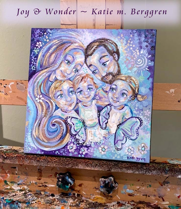 mother and father with three children and butterflies painting, art of mom and dad and t hree children, family of five painting, blue and purple original painting, parents 3 kids painting