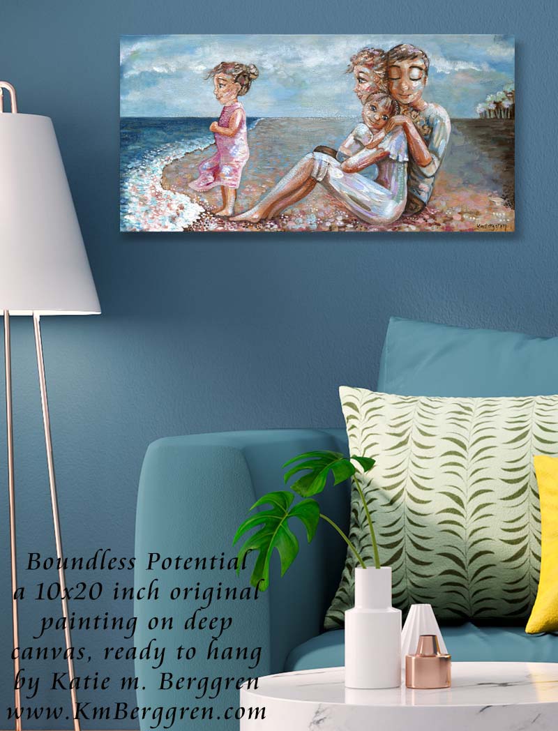 gifts for mom who love the beach, warm art, family on the beach art, mom dad two kids on the beach painting, blue sky and ocean art, family of four painting