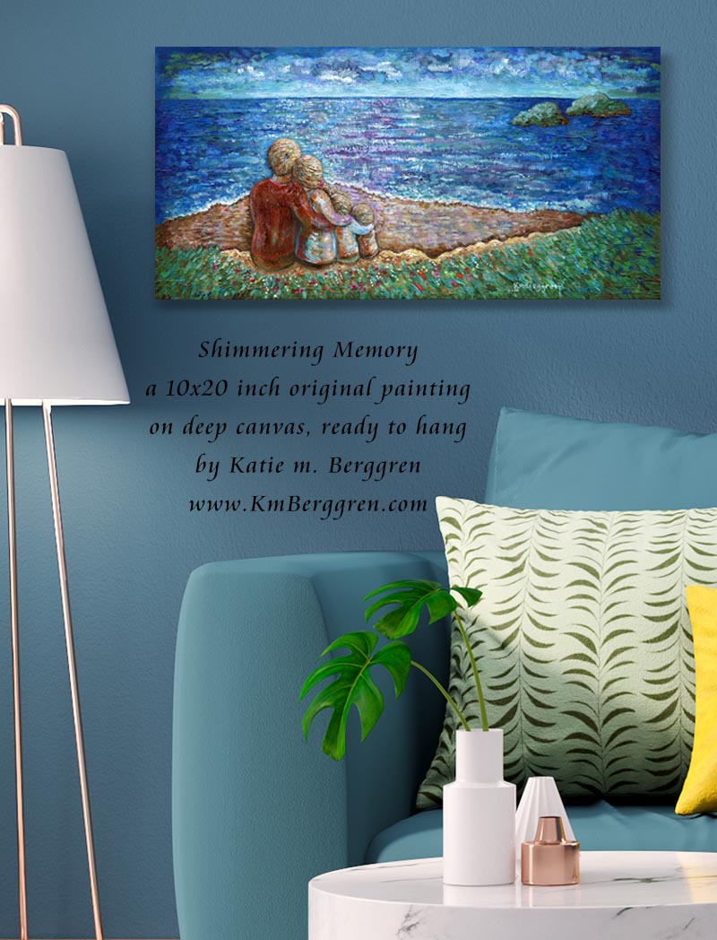 family on beach painting, original artwork of family of four, family of 4 at the beach painting, overlooking the ocean painting, beach painting, kmberggren, kim berggren art, katie m. berggren,