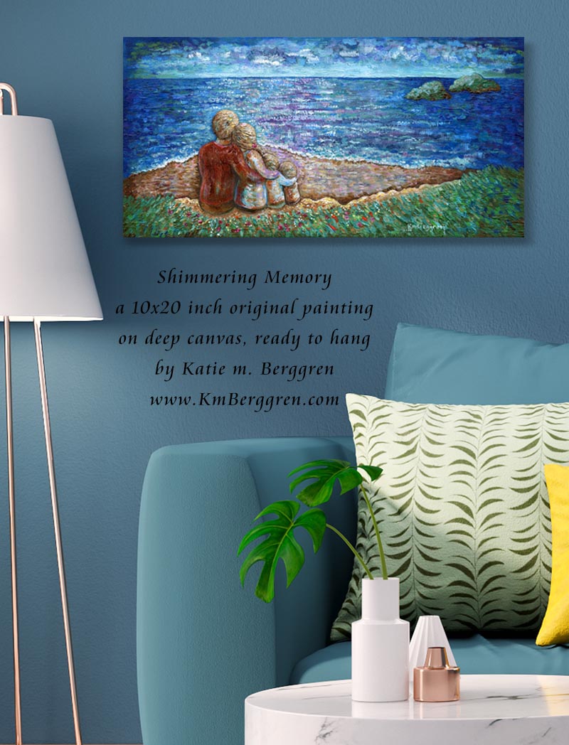 family on beach painting, original artwork of family of four, family of 4 at the beach painting, overlooking the ocean painting, beach painting, kmberggren, kim berggren art, katie m. berggren, 