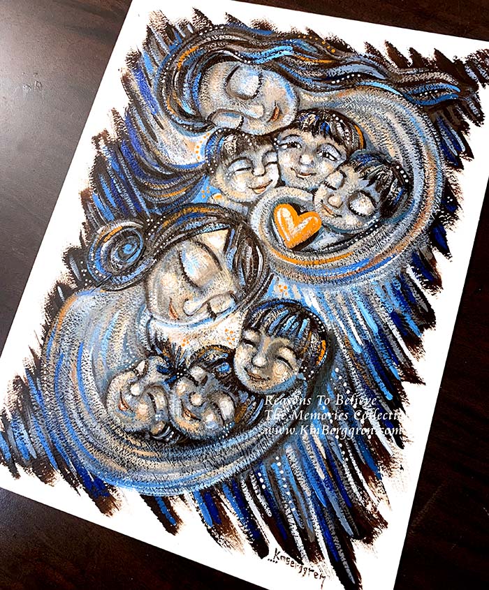 asian mother and three kids, korean american family art, asian american mother painting, asian american children, korean children art, painting of korean family, painting of asian american family, siblings art, brother sister art, blue and orange art, motherhood paintings, 2 mothers six kids, mother of 3, mother of 6, paintings of women, paintings of family