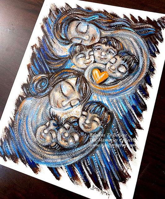 asian mother and three kids, korean american family art, asian american mother painting, asian american children, korean children art, painting of korean family, painting of asian american family, siblings art, brother sister art, blue and orange art, motherhood paintings, 2 mothers six kids, mother of 3, mother of 6, paintings of women, paintings of family