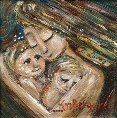 mother cradling twins, new mom of twins gift, brunette mother with 2 blonde sons, blond children, brothers, sisters, intimate family artwork by kmberggren, cuddling babies