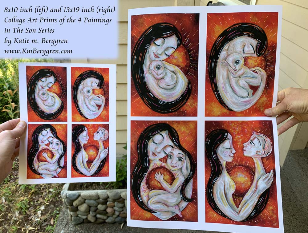 8x10 inch and 13x19 inch collage prints of mother and son paintings by KmBerggren mother son artwork, art print of mom with baby boy, growing boy artwork, growing up son, red, orange, naked mother and child, rich flourishing artwork to inspire a mother's soul, tender art gift for empty nest