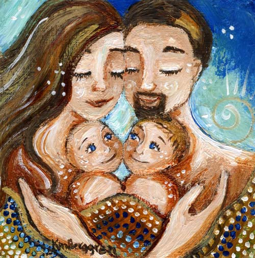 long haired mom and dad with goatee holding two sons wall art, intimate tender family art prints, frameable, kmberggren