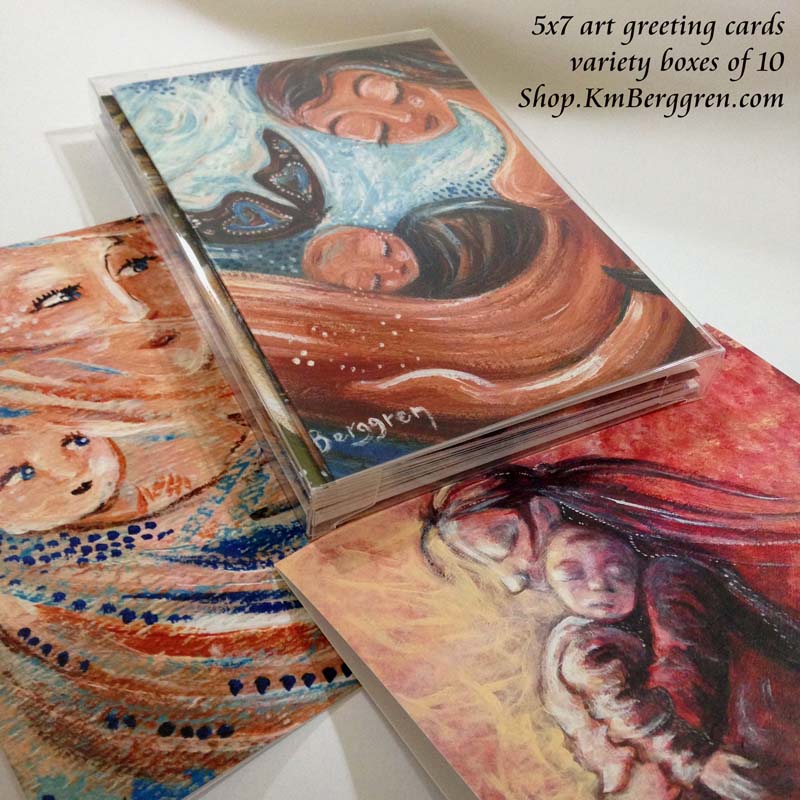 what to give to a doula as a thank you gift, how to thank a midwife, simple beautiful unique gifts for new moms frameable 5x7 cards of mother and child paintings, easy to give gifts for moms, gift for best friend, gift for girlfriend, box of tender caring cards for women, a set of artwork greeting cards from Katie m. Berggren