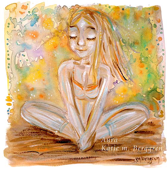 A confident and happy young woman, positive artwork, sitting in a yoga pose with a golden watery dream-like background. Yoga Art. Powerful girl gift. Confident young woman art. Beautiful and Sentimental girl gifts.
