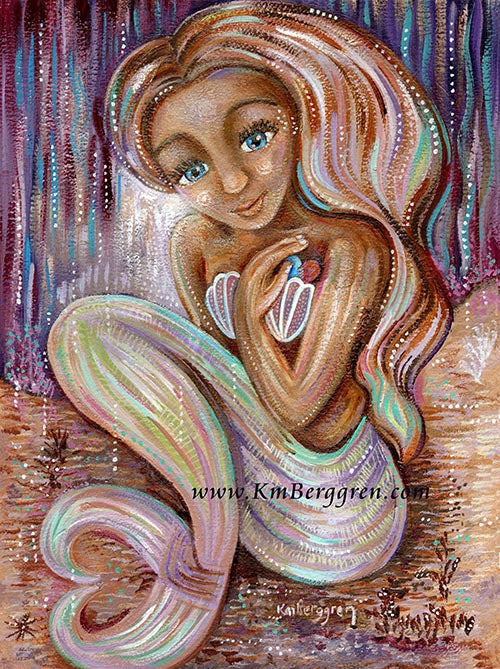 purple and orange teenage mermaid with crystal blue eyes and a healing heart. Evocative and meaningful artwork celebrating fantasy and whimsy.