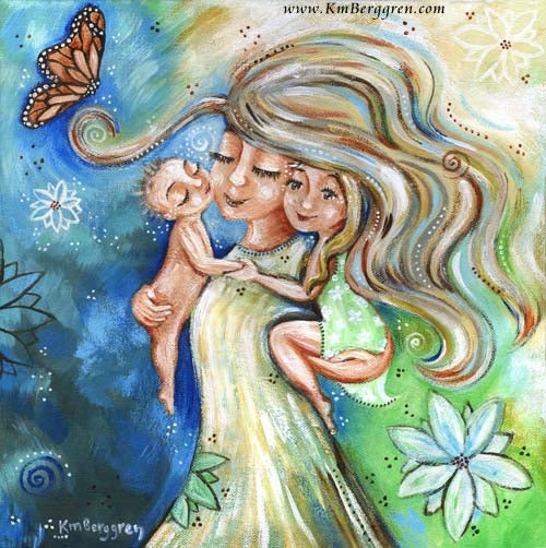 blonde mom with naked baby and blonde daughter art, big flowers and butterfly mom and babies artwork, sunshine day wall decor, baby room frameable print, wall art for mom's office