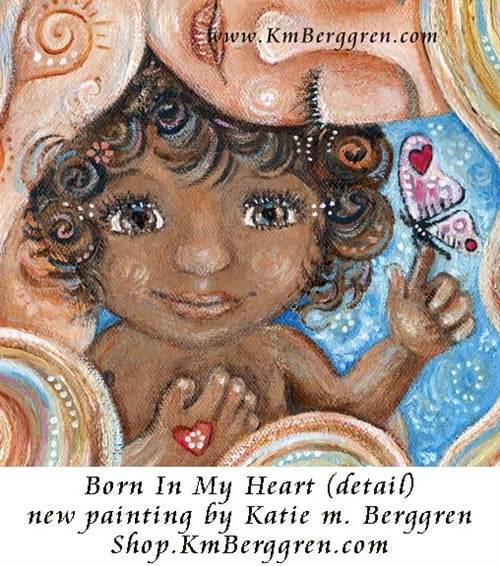 art image of blonde mother holding african american child with curly hair and butterfly on finger, adoption artwork, open adoption, biracial child, bi-racial baby with blonde mama