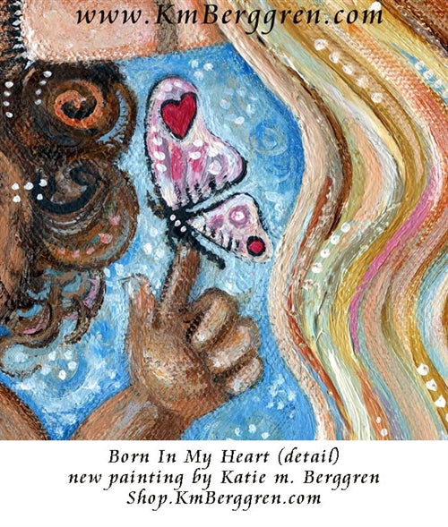 art image of blonde mother holding african american child with curly hair and butterfly on finger, adoption artwork, open adoption, biracial child, bi-racial baby with blonde mama