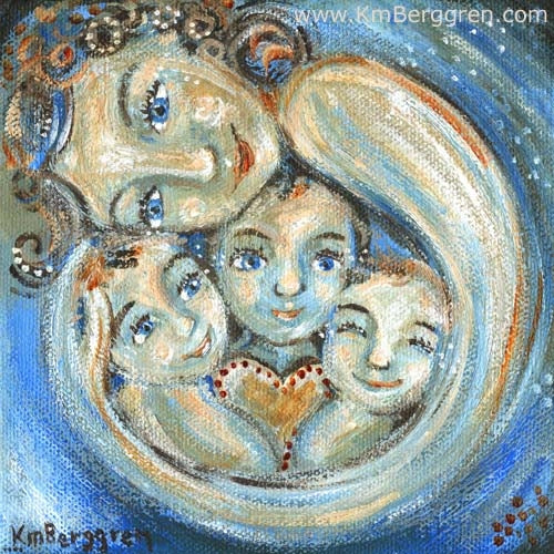 Blue art print of mother with three children smiling with blue eyes, brunette curly hair mother wrapping her arm around 3 children, mommy of 3, three babies with a heart in a soft blue artwork by kmberggren