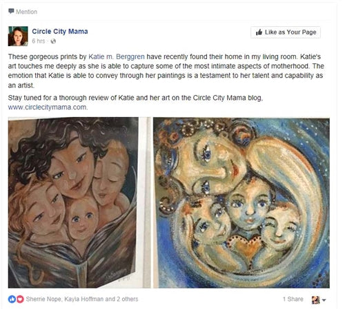 Blue art print of mother with three children smiling with blue eyes, brunette curly hair mother wrapping her arm around 3 children, mommy of 3, three babies with a heart in a soft blue artwork by kmberggren