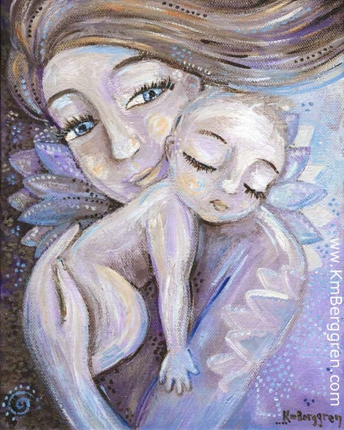 purple art print of a mother with blonde hair holding a bald child against her chest, mommy baby artwork, purple and violet maternity art decor, blue eyed mother and naked baby artwork by kmberggren