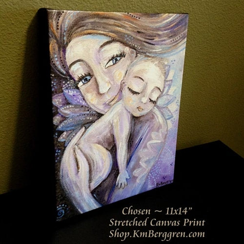 canvas print of a mother and child in purple tones with flowers