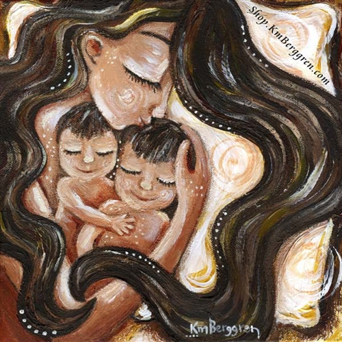 a long brown haired mother sleeping with two brown haired children art print by KmBerggren, 2 brothers art, big brother little brother painting, mom with 2 sons art print, two sons artwork