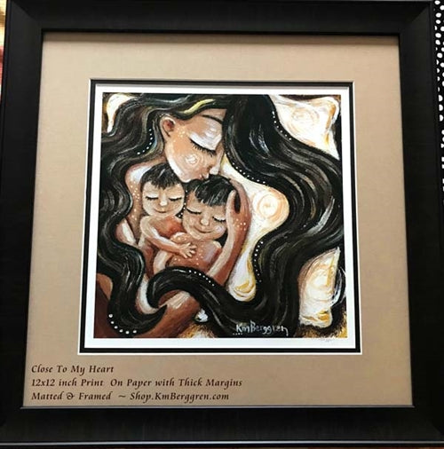 a framed art print of KmBerggren painting Close To My Heart a long brown haired mother sleeping with two brown haired children art print by KmBerggren, 2 brothers art, big brother little brother painting, mom with 2 sons art print, two sons artwork