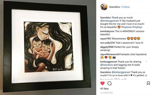 a testimonial from a KmBerggren art collector a long brown haired mother sleeping with two brown haired children art print by KmBerggren, 2 brothers art, big brother little brother painting, mom with 2 sons art print, two sons artwork