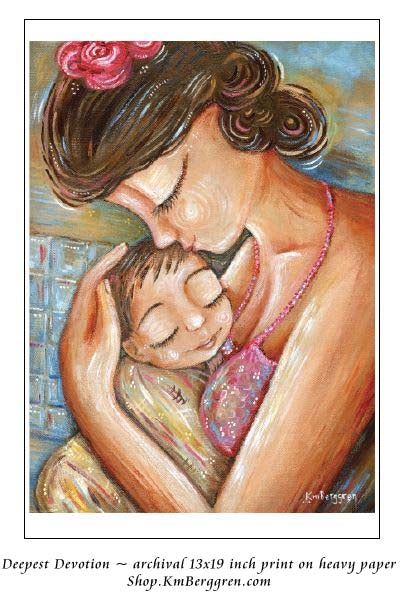 art print of mama kissing sleeping son wrapped in a yellow towel after a bath by KmBerggren