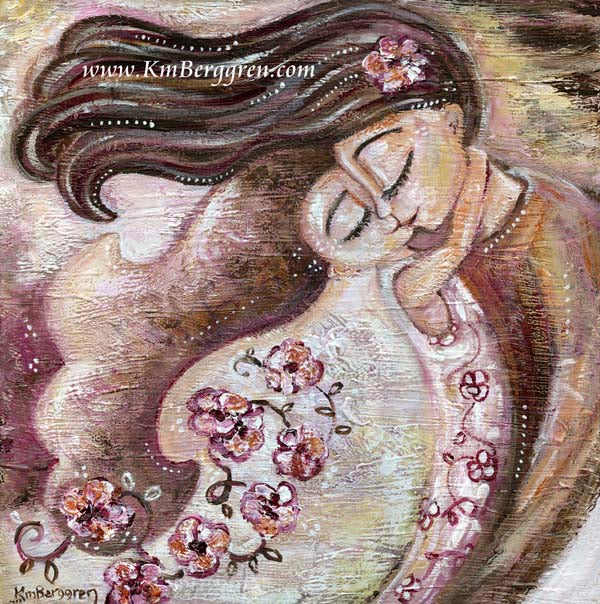 powerful mother and daughter, red rose vines brown and blonde hair art print by KmBerggren