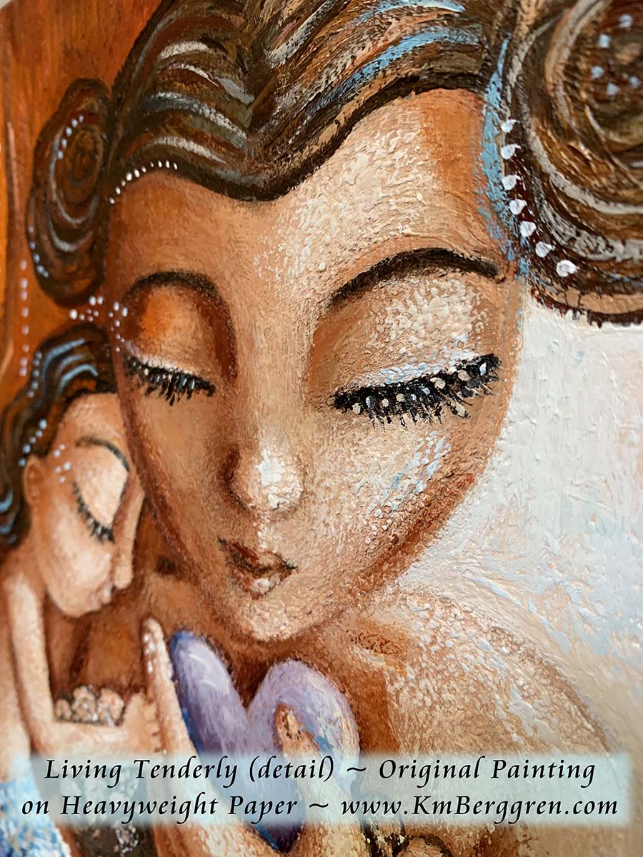 Mermaid Mother & Child Gentle Heart Red & Orange with Purple Heart Original Painting - KmBerggren