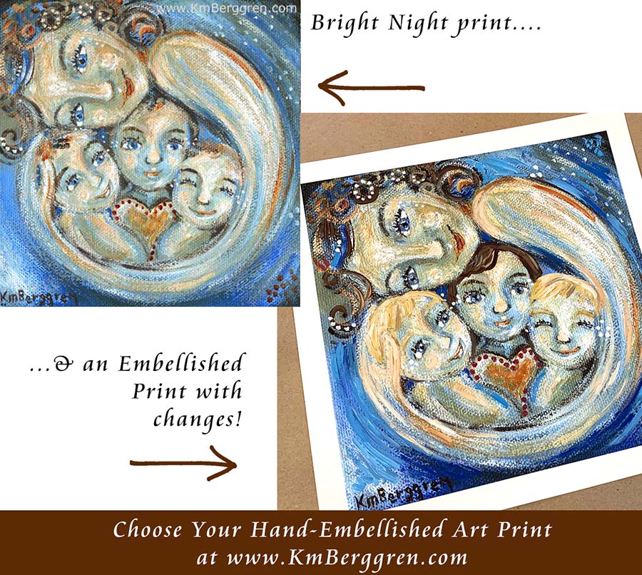 custom art print of mom and three children, change eye and hair colors - personalized art print, customize colors on art print, custom hair and eye colors, mother sleeping with 3 children art print - embellish for hair and eye color changes