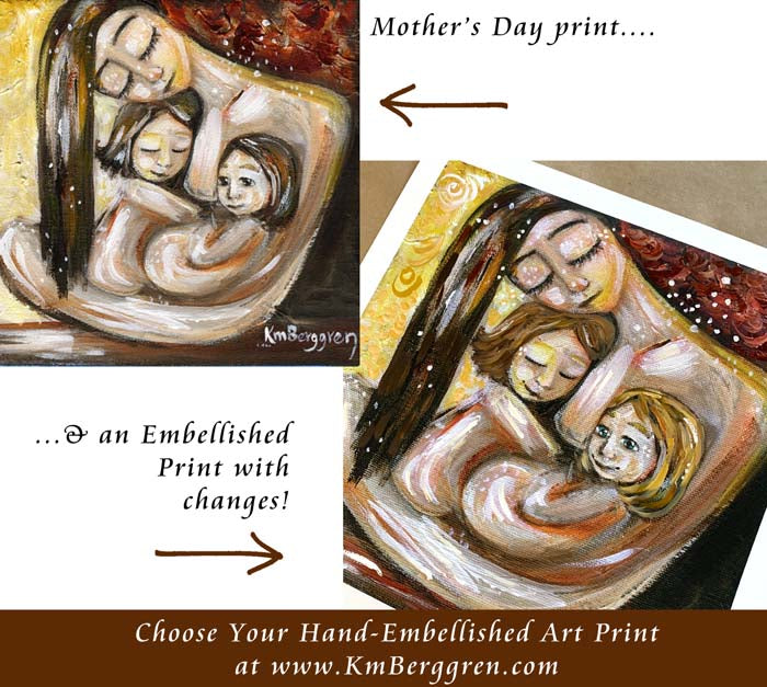 mother holding two daughters art print - embellish for hair and eye color changes