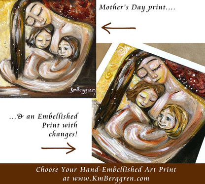 mother holding two daughters art print - embellish for hair and eye color changes