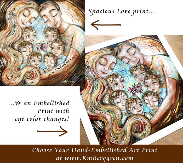 custom mother and father art print with six children - choose the embellished option for hair and eye color changes, personalized family art