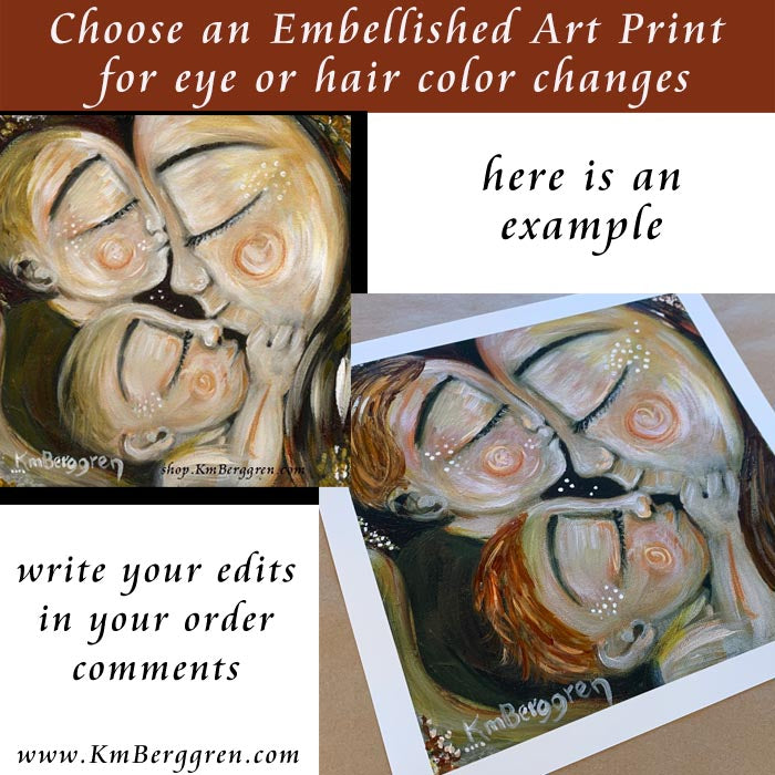 personalized art print, custom hair and eye colors, change colors on art print, custom family art print, red hair babies and brunette mother art print, painting of red haired babies,