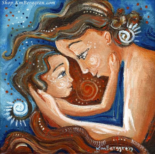 blue and red art print showing mother and daughter face to face beneath a red blanket, art by Katie m. Berggren