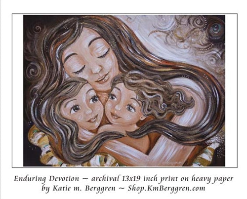 art print of brown haired mother and two brown haired daughters