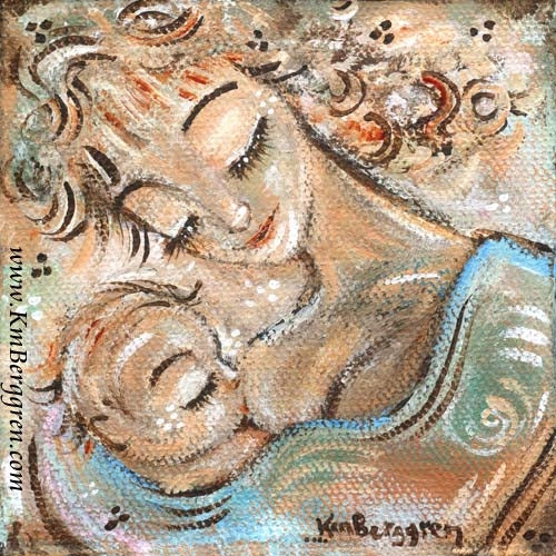 whimiscal artwork of curly blonde brown haired mother nursing blonde brown haired baby, breastfeeding by artist KmBerggren
