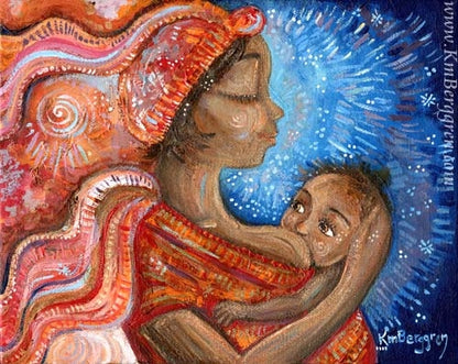 african american woman artwork, nursing baby and wearing a red head wrap and dress with blue background