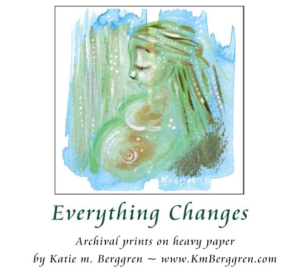 Pregnant mother with a dreamy green background. Inspiring and comforting art prints for mom pregnant with her first baby. Baby Shower Gift for young mom. Limited edition green and blue painting.