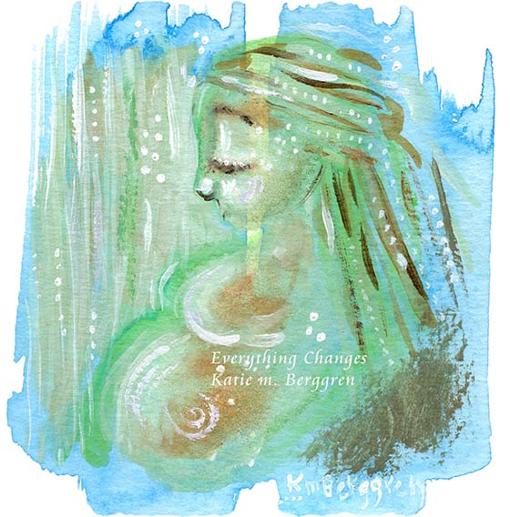 Pregnant mother with a dreamy green background. Inspiring and comforting art prints for mom pregnant with her first baby. Baby Shower Gift for young mom. Limited edition green and blue painting.