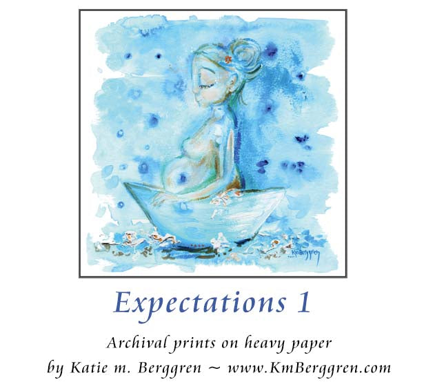 Expectations 1 - pregnant woman in bathtub blue art print