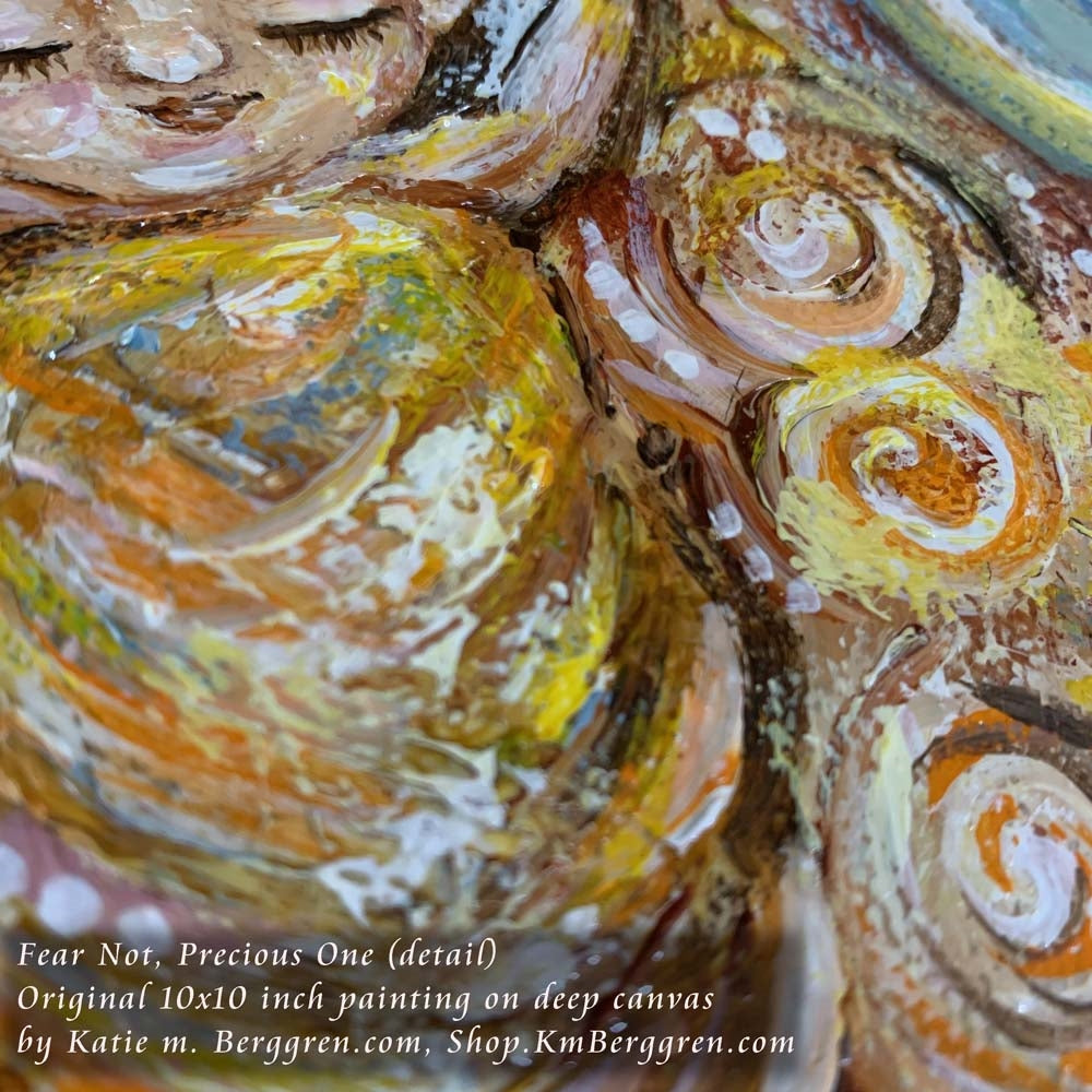 detail of original painting on canvas showing mother and father with angel child in the middle wrapped in gold