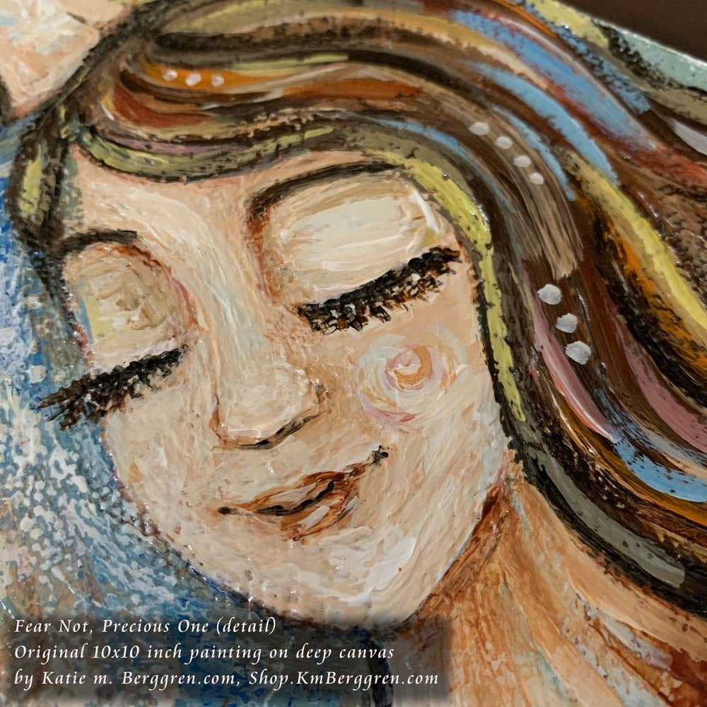 detail of original painting on canvas showing mother and father with angel child in the middle wrapped in gold