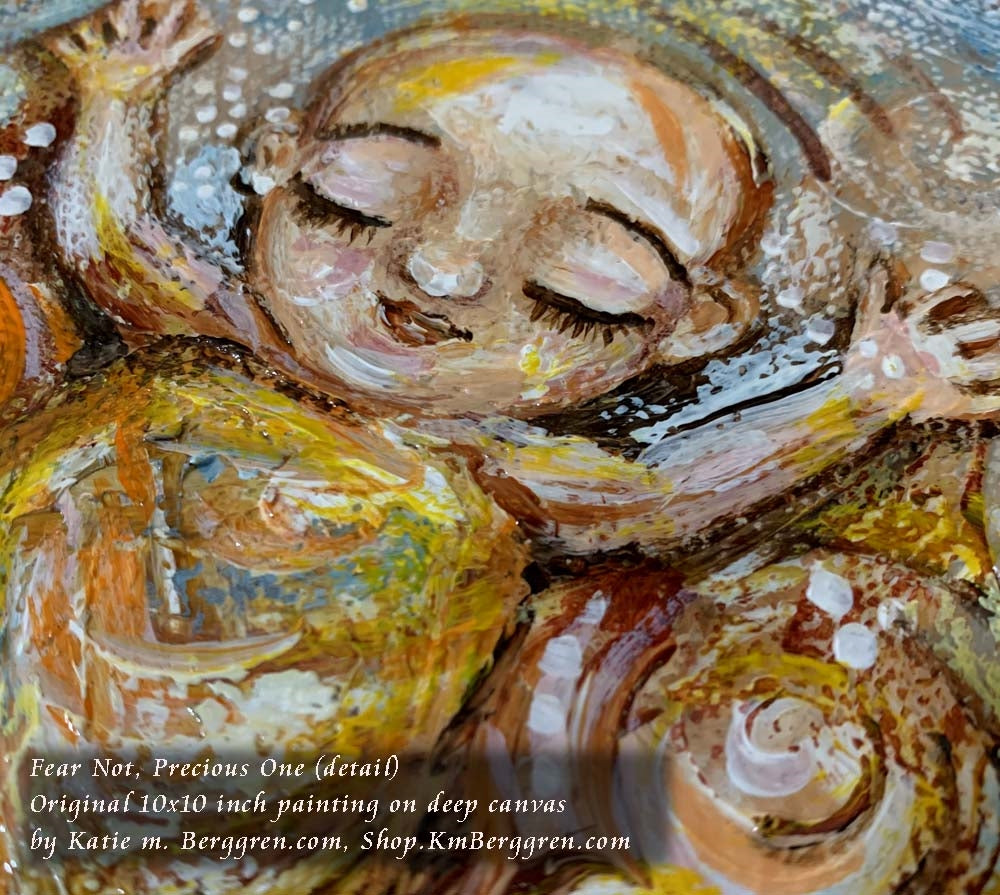 close up of original painting on canvas showing mother and father with angel child in the middle wrapped in gold