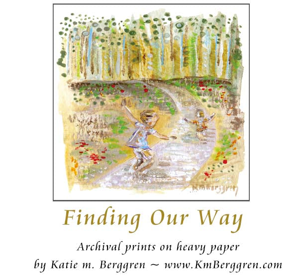 young child running on a path, homeschool gift, freedom child artwork, painting of forest and trees, unschooling art