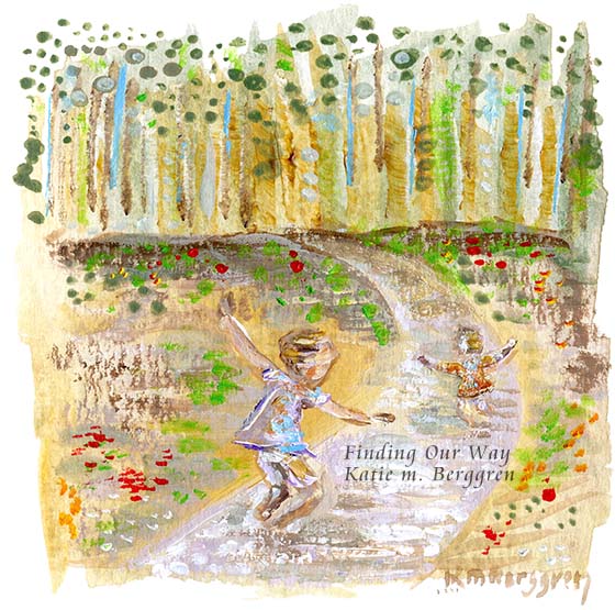 young child running on a path, homeschool gift, freedom child artwork, painting of forest and trees, unschooling art