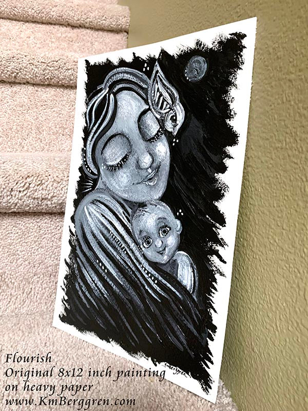 An 8x12 inch ORIGINAL black and white mother and baby painting on heavy 185 lb paper stock, mother and child black and white artwork, black and white painting of mom and baby, black and white paintings of women, bird and baby artwork, new baby gift, new baby artwork in black and white