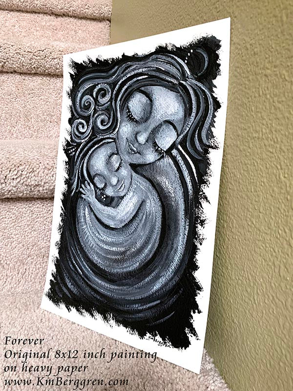 black and white Original 8x12 inch painting on heavy paper www.KmBerggren.com, black and white painting of mother and child, mom and baby art print, mother daughter original painting